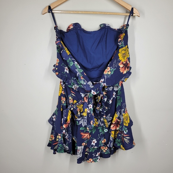 Showpo Navy Blue Floral Strapless Mini Dress Tie Back Ruffle 2 - Picture 4 of 12